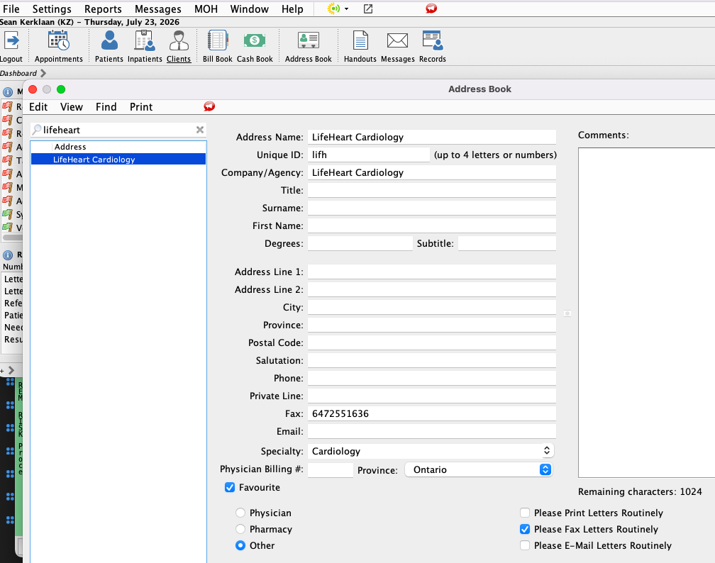 LifeHeart Cardiology fax contact saved in the PS Suite address book